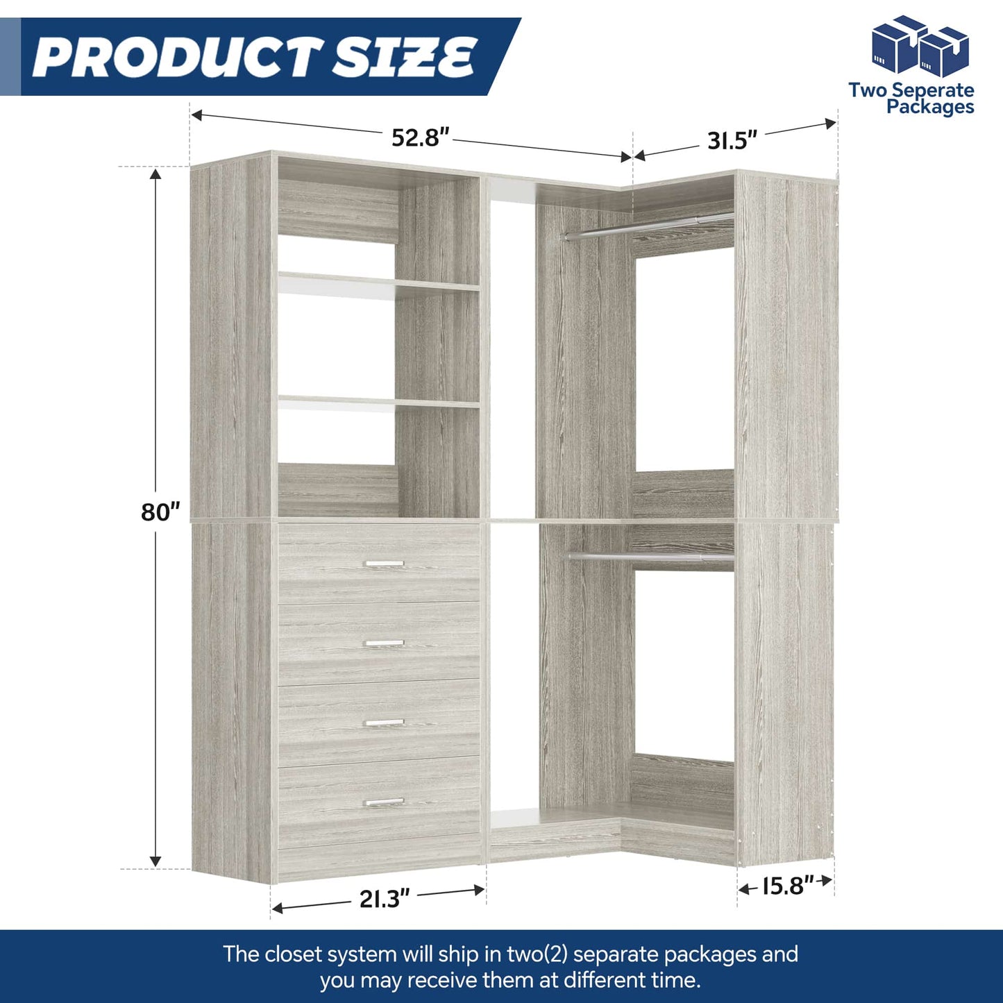 4.4FT Freestanding Closet System with 4 Drawers, Walk-in Closet Organizer System with Shelves & 2 Hanging Rods