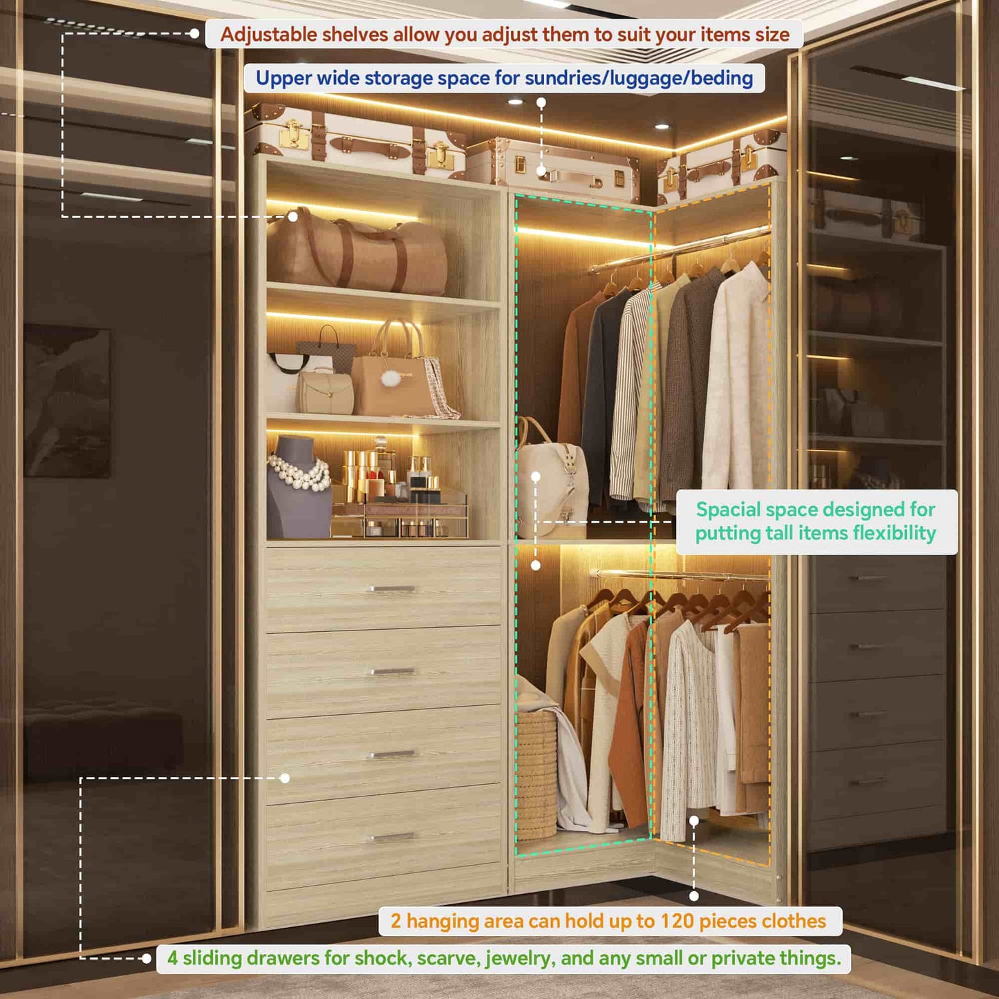 4.4FT Freestanding Closet System with 4 Drawers, Walk-in Closet Organizer System with Shelves & 2 Hanging Rods