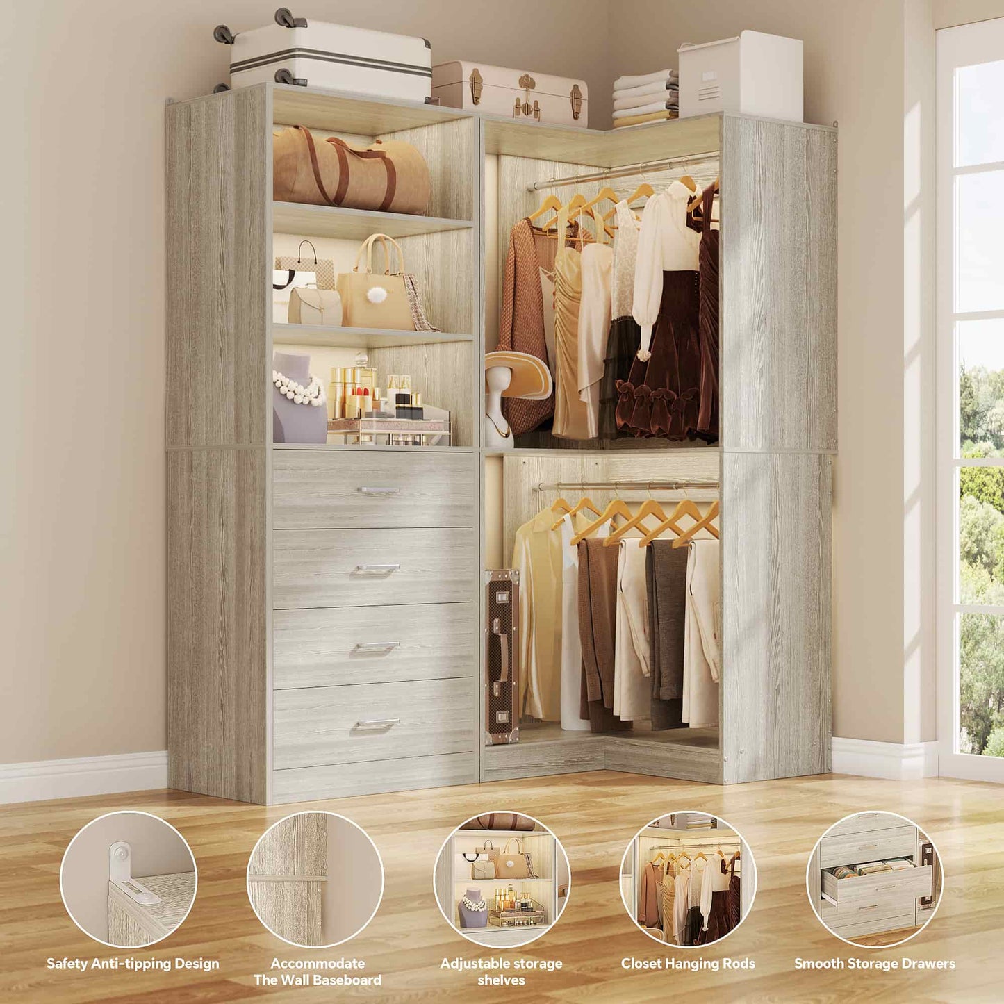 4.4FT Freestanding Closet System with 4 Drawers, Walk-in Closet Organizer System with Shelves & 2 Hanging Rods