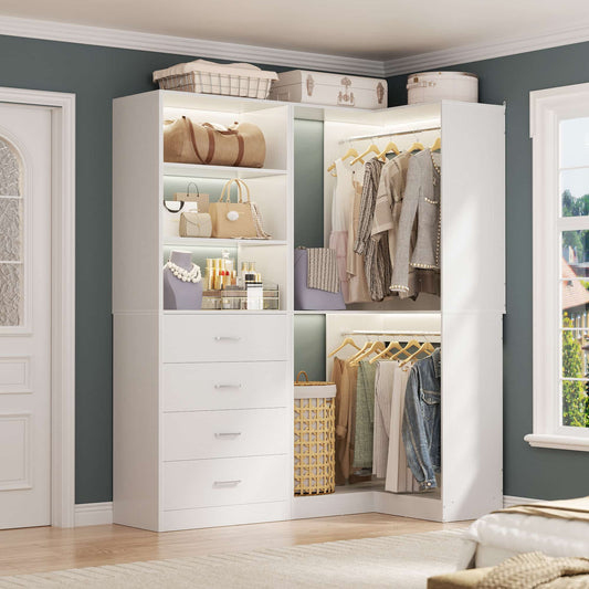 4.4FT Freestanding Closet System with 4 Drawers, Walk-in Closet Organizer System with Shelves & 2 Hanging Rods
