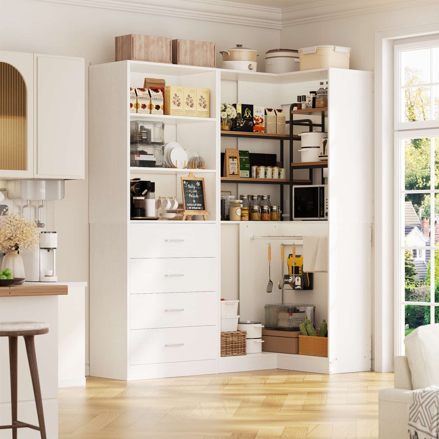 4.4FT Freestanding Closet System with 4 Drawers, Walk-in Closet Organizer System with Shelves & 2 Hanging Rods