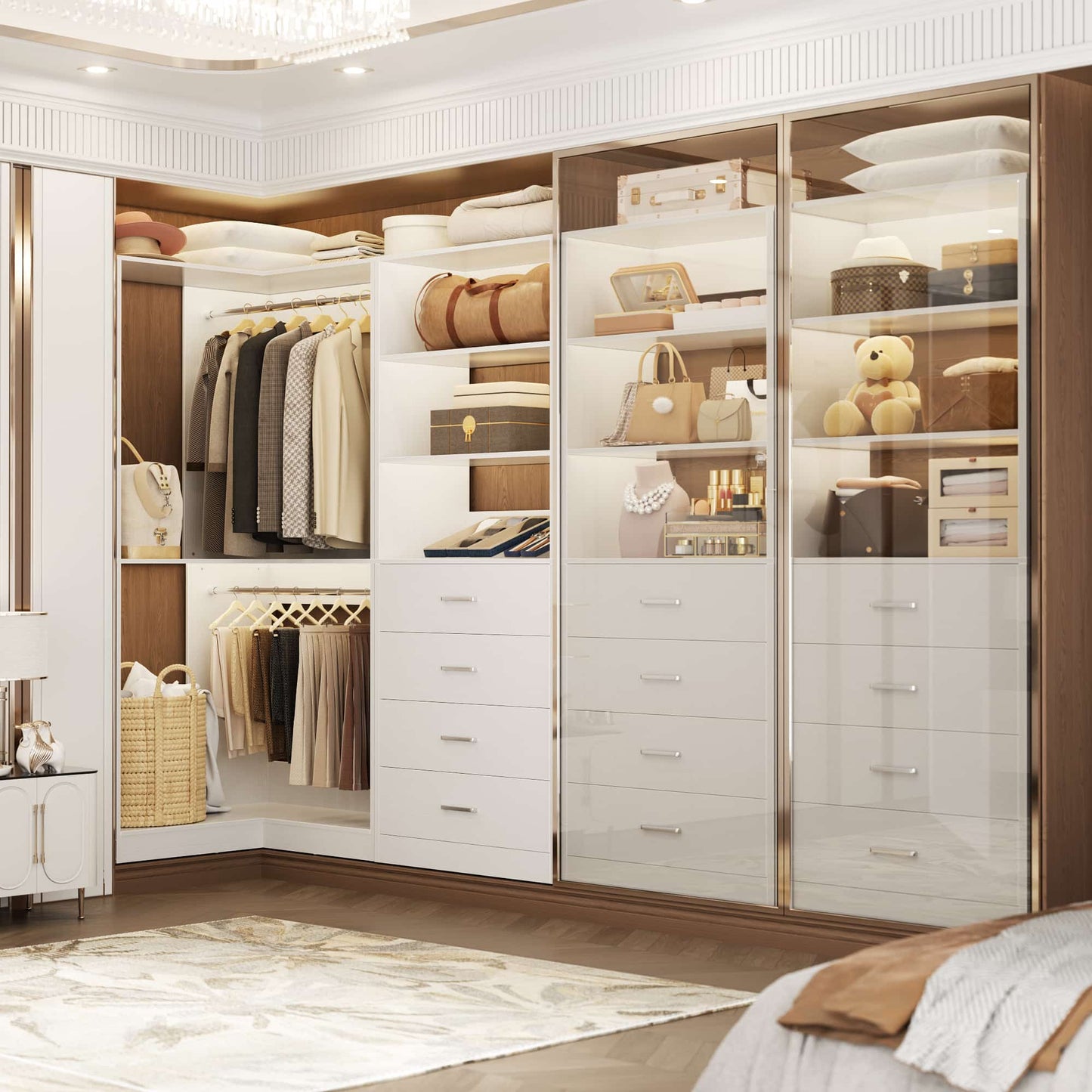 4.4FT Freestanding Closet System with 4 Drawers, Walk-in Closet Organizer System with Shelves & 2 Hanging Rods