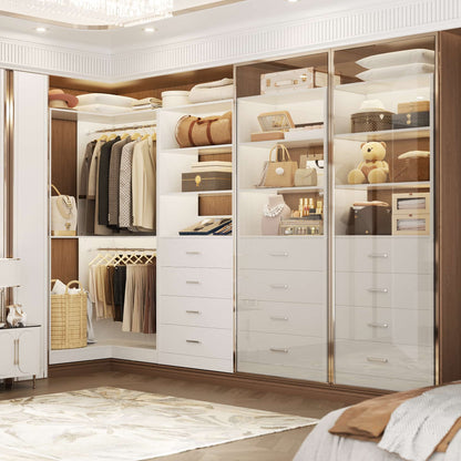4.4FT Freestanding Closet System with 4 Drawers, Walk-in Closet Organizer System with Shelves & 2 Hanging Rods