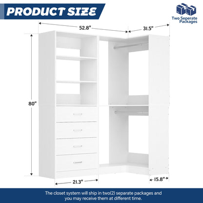 4.4FT Freestanding Closet System with 4 Drawers, Walk-in Closet Organizer System with Shelves & 2 Hanging Rods