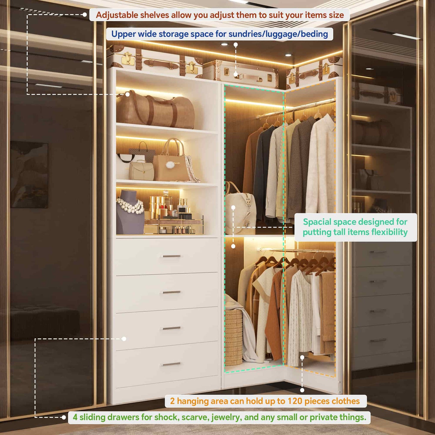 4.4FT Freestanding Closet System with 4 Drawers, Walk-in Closet Organizer System with Shelves & 2 Hanging Rods