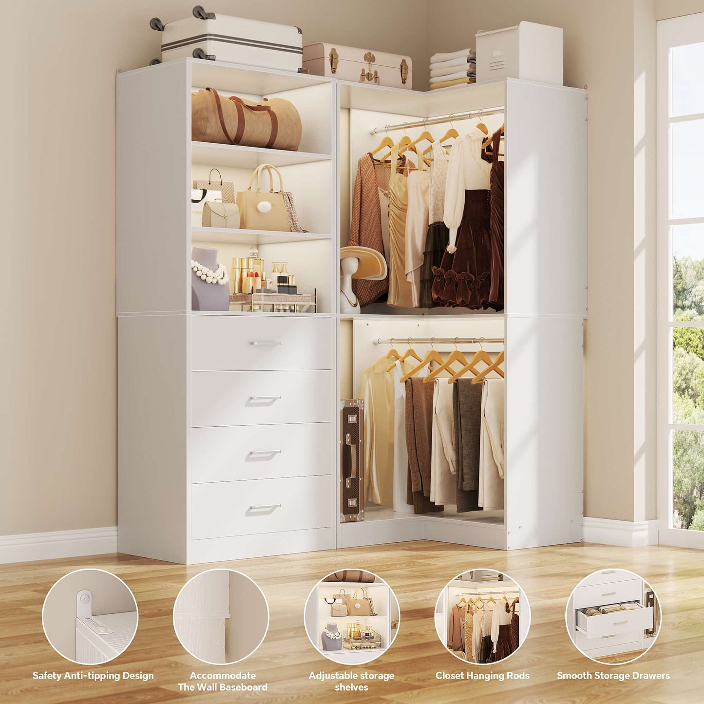 4.4FT Freestanding Closet System with 4 Drawers, Walk-in Closet Organizer System with Shelves & 2 Hanging Rods