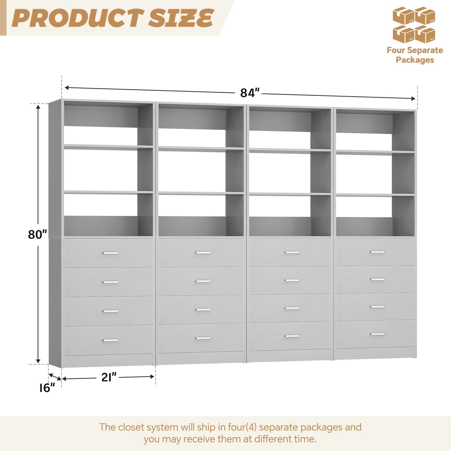 7.1 FT Freestanding Closet System 4-Piece Set with 16 Drawers & 13 Shelves