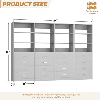 7.1 FT Freestanding Closet System 4-Piece Set with 16 Drawers & 13 Shelves