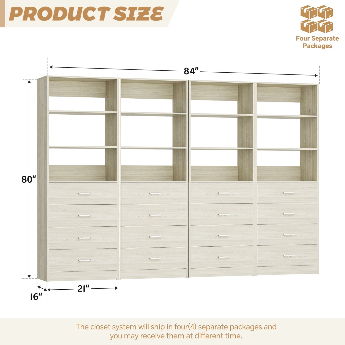 7.1 FT Freestanding Closet System 4-Piece Set with 16 Drawers & 13 Shelves