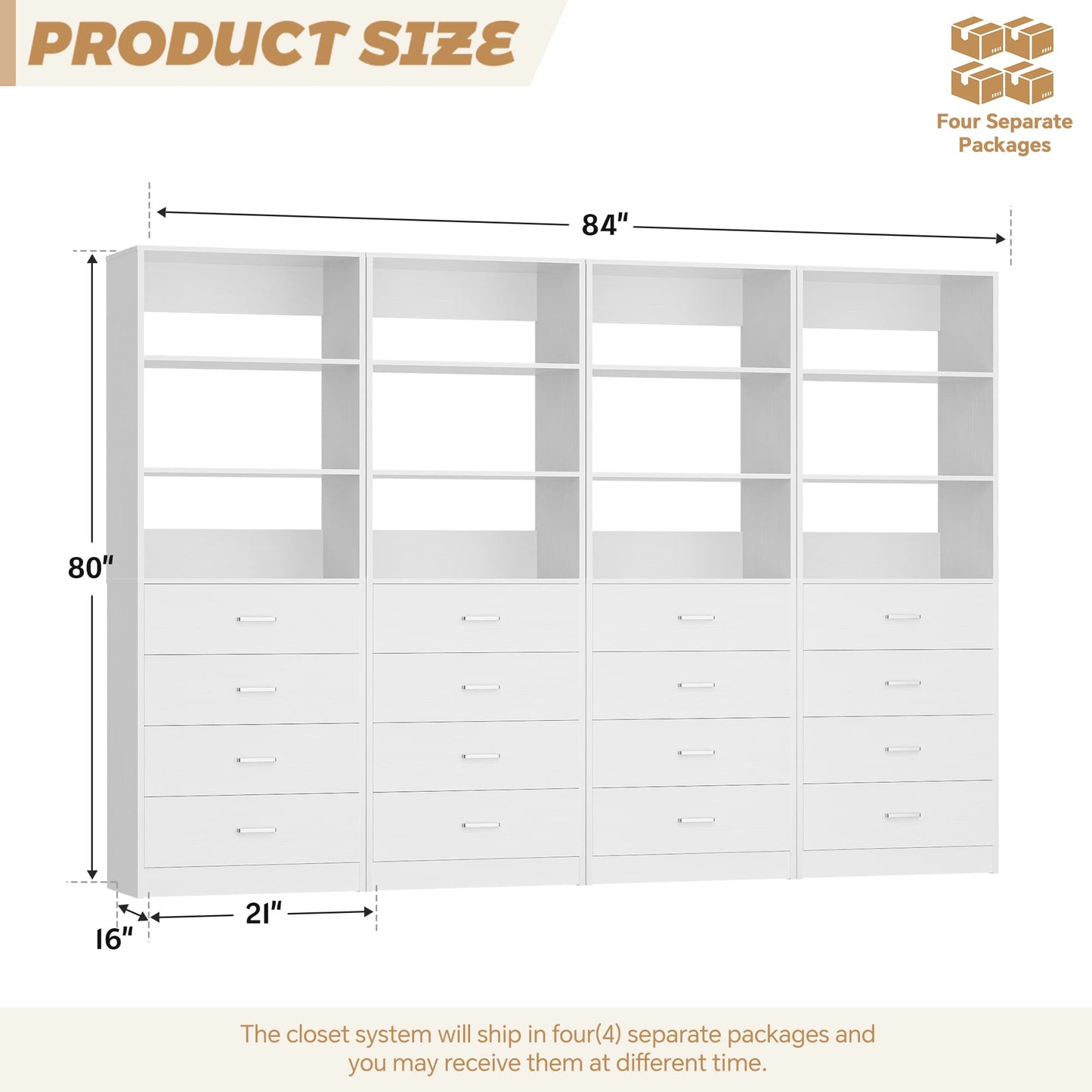 7.1 FT Freestanding Closet System 4-Piece Set with 16 Drawers & 13 Shelves