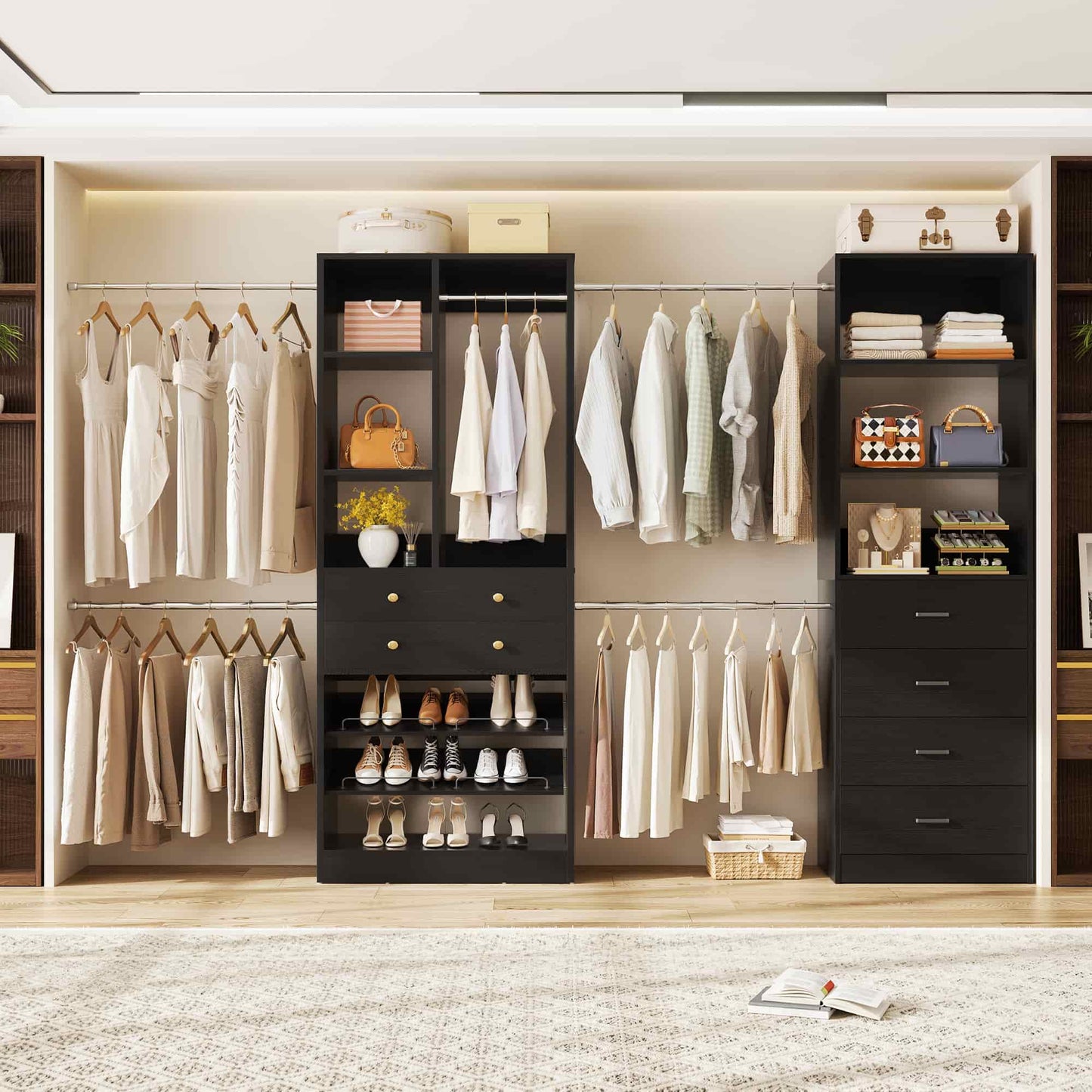 49-127 inch Adjustable Closet Organizer System with 6 Drawers, 5 Hanging Rods & Shelves
