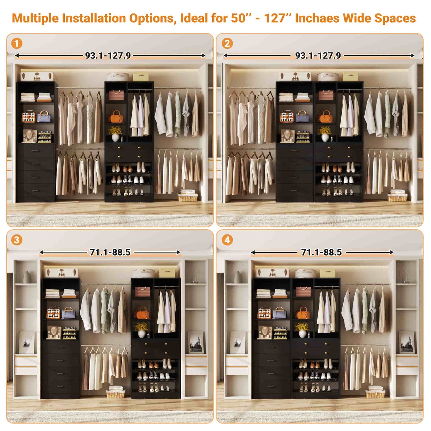 49-127 inch Adjustable Closet Organizer System with 6 Drawers, 5 Hanging Rods & Shelves