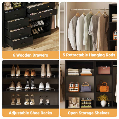 49-127 inch Adjustable Closet Organizer System with 6 Drawers, 5 Hanging Rods & Shelves