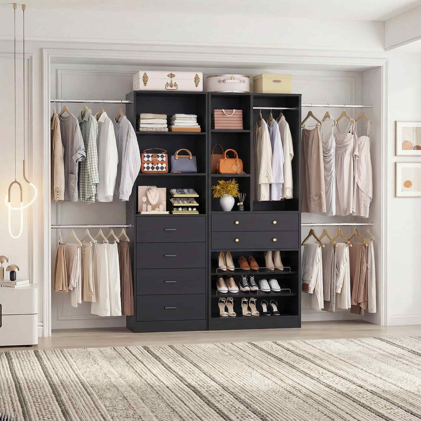 49-127 inch Adjustable Closet Organizer System with 6 Drawers, 5 Hanging Rods & Shelves