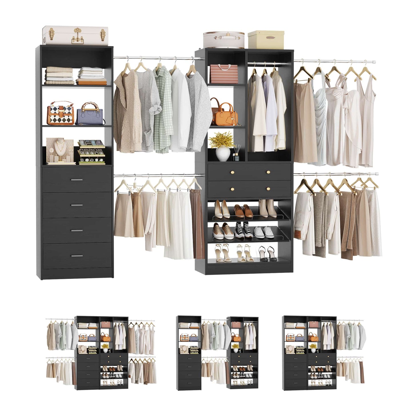 49-127 inch Adjustable Closet Organizer System with 6 Drawers, 5 Hanging Rods & Shelves