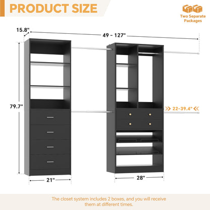49-127 inch Adjustable Closet Organizer System with 6 Drawers, 5 Hanging Rods & Shelves