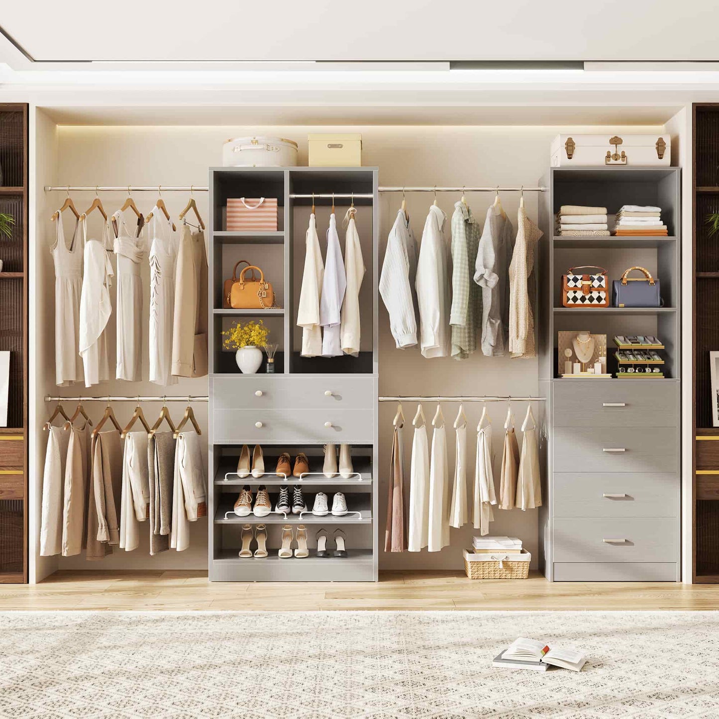 49-127 inch Adjustable Closet Organizer System with 6 Drawers, 5 Hanging Rods & Shelves