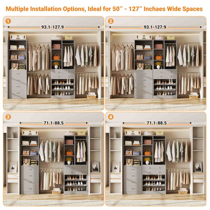 49-127 inch Adjustable Closet Organizer System with 6 Drawers, 5 Hanging Rods & Shelves