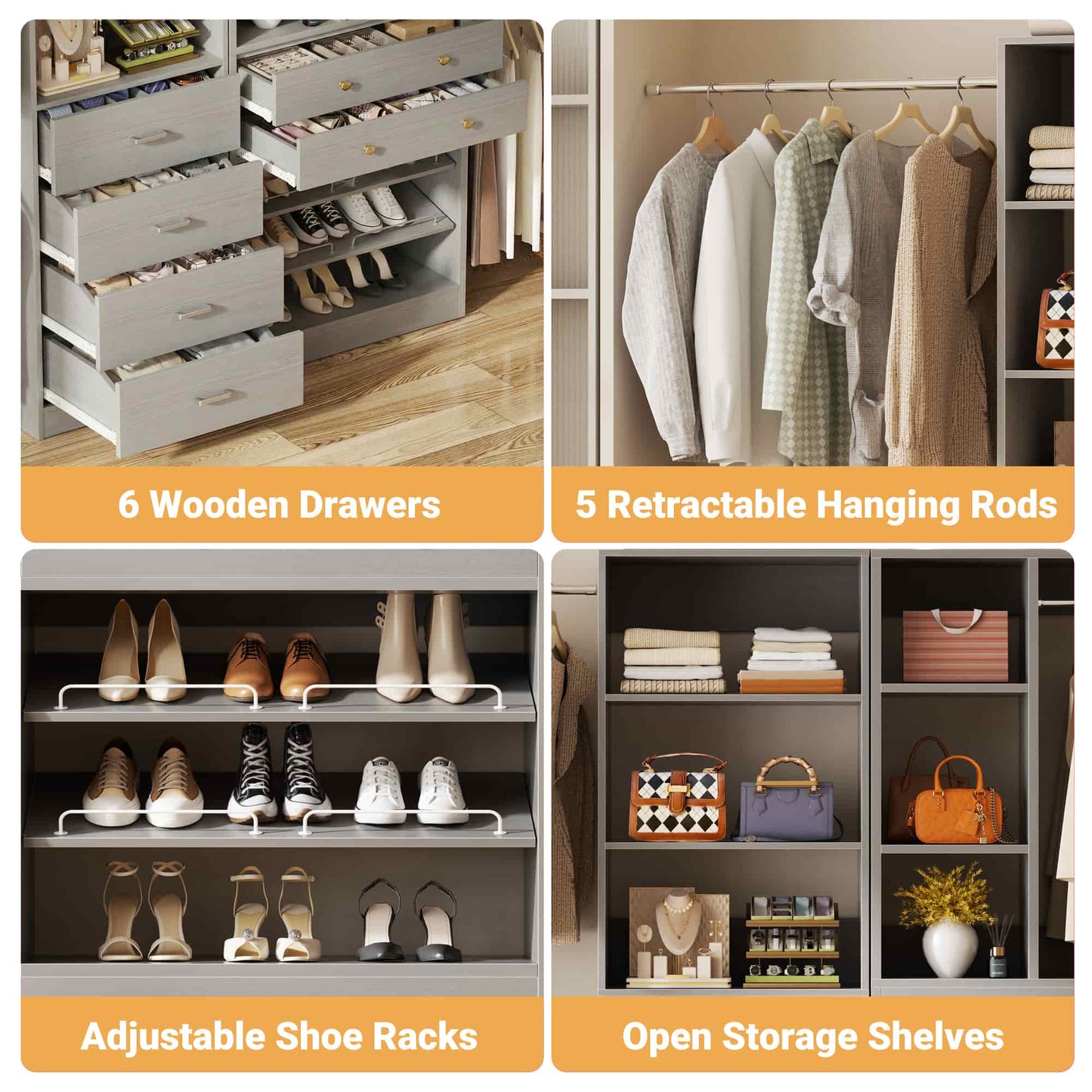 49-127 inch Adjustable Closet Organizer System with 6 Drawers, 5 Hanging Rods & Shelves