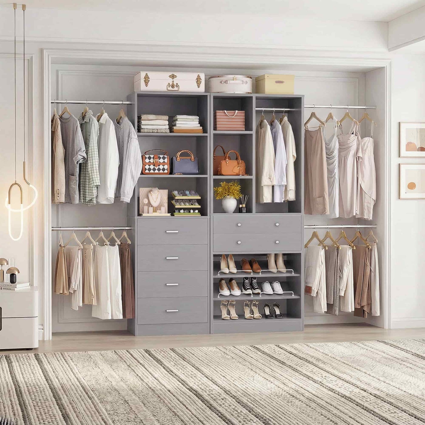 49-127 inch Adjustable Closet Organizer System with 6 Drawers, 5 Hanging Rods & Shelves