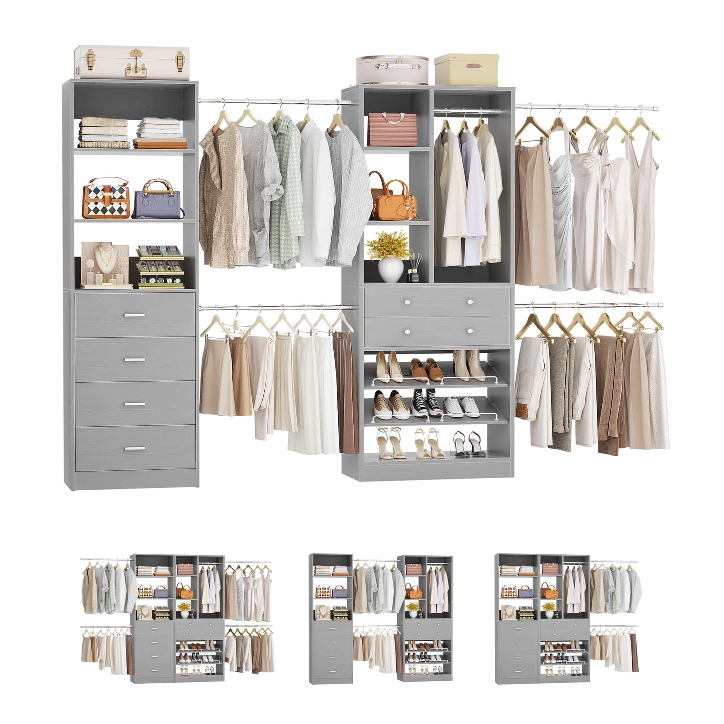49-127 inch Adjustable Closet Organizer System with 6 Drawers, 5 Hanging Rods & Shelves