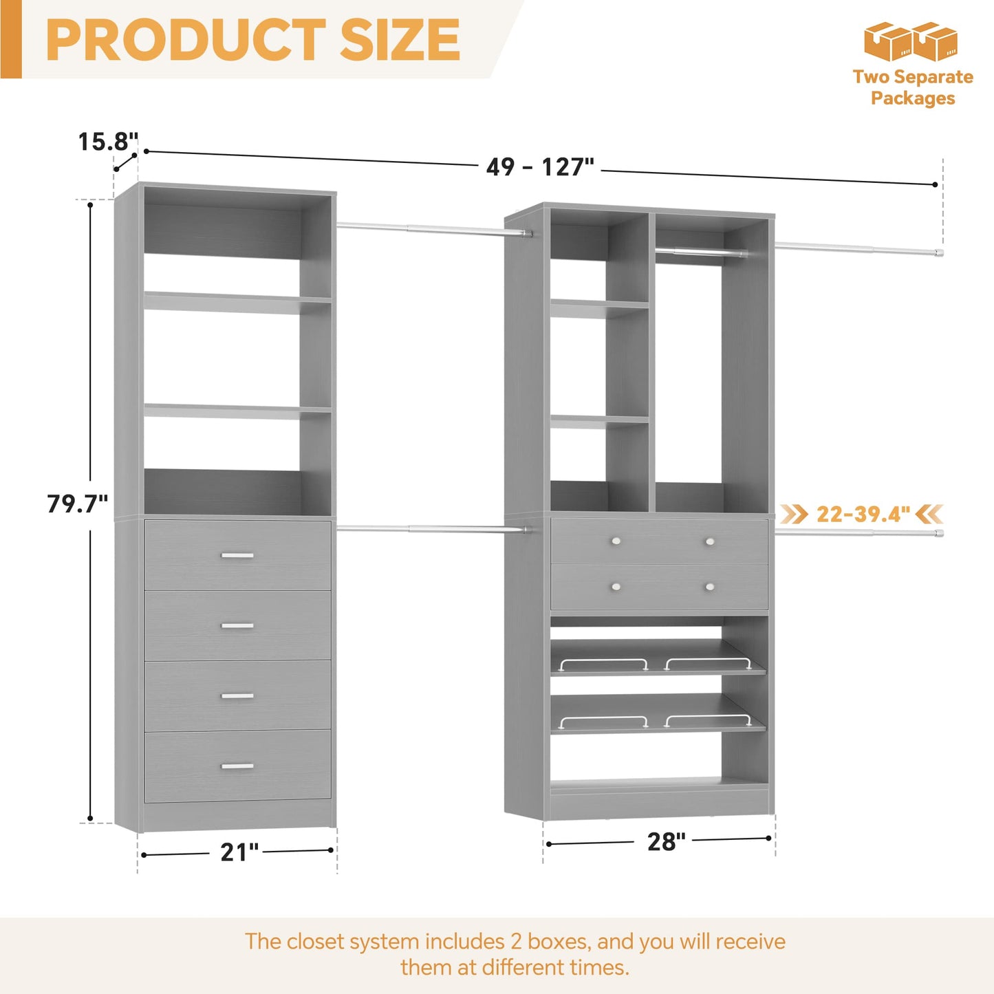 49-127 inch Adjustable Closet Organizer System with 6 Drawers, 5 Hanging Rods & Shelves
