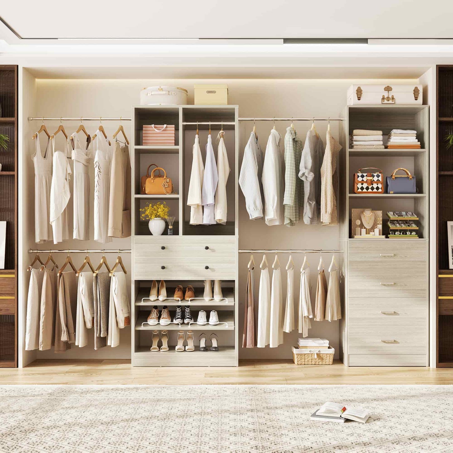 49-127 inch Adjustable Closet Organizer System with 6 Drawers, 5 Hanging Rods & Shelves