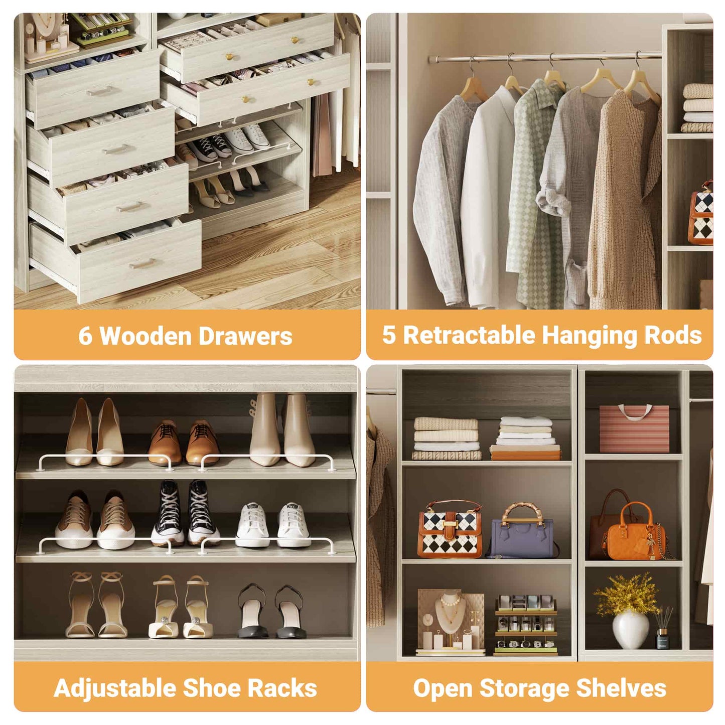 49-127 inch Adjustable Closet Organizer System with 6 Drawers, 5 Hanging Rods & Shelves