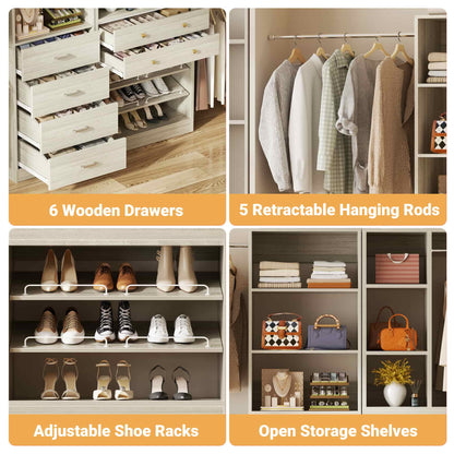 49-127 inch Adjustable Closet Organizer System with 6 Drawers, 5 Hanging Rods & Shelves