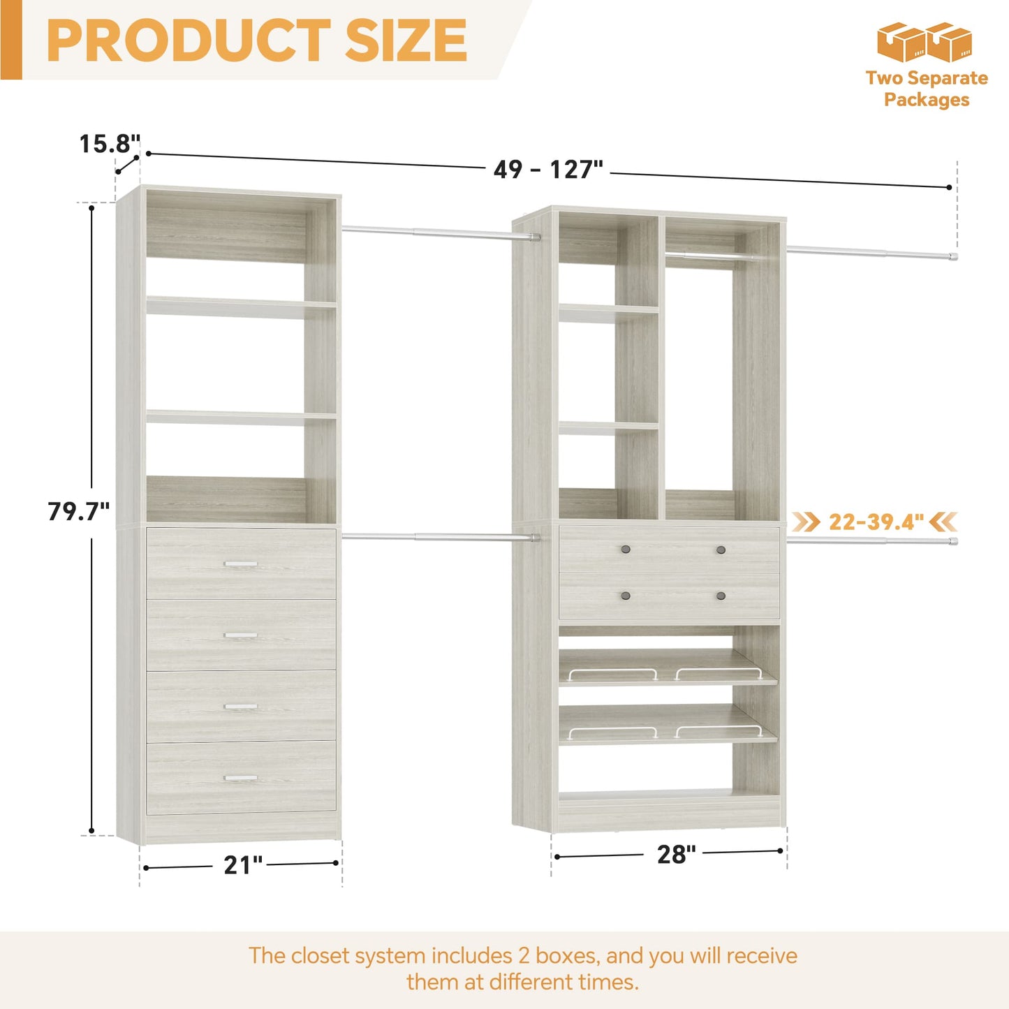 49-127 inch Adjustable Closet Organizer System with 6 Drawers, 5 Hanging Rods & Shelves
