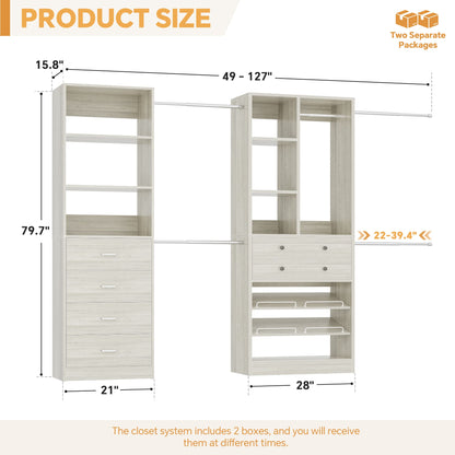 49-127 inch Adjustable Closet Organizer System with 6 Drawers, 5 Hanging Rods & Shelves