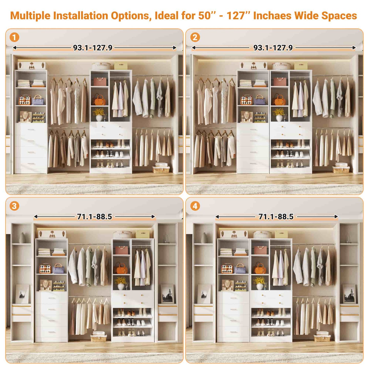 49-127 inch Adjustable Closet Organizer System with 6 Drawers, 5 Hanging Rods & Shelves