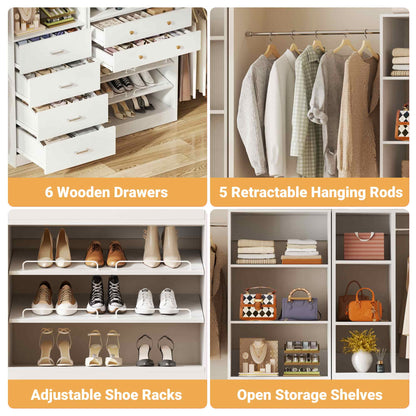 49-127 inch Adjustable Closet Organizer System with 6 Drawers, 5 Hanging Rods & Shelves