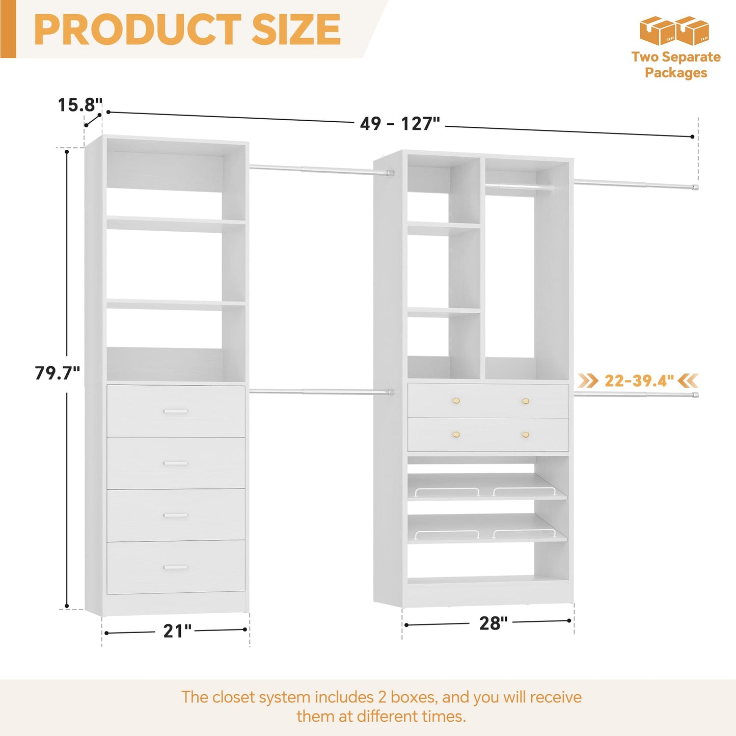 49-127 inch Adjustable Closet Organizer System with 6 Drawers, 5 Hanging Rods & Shelves