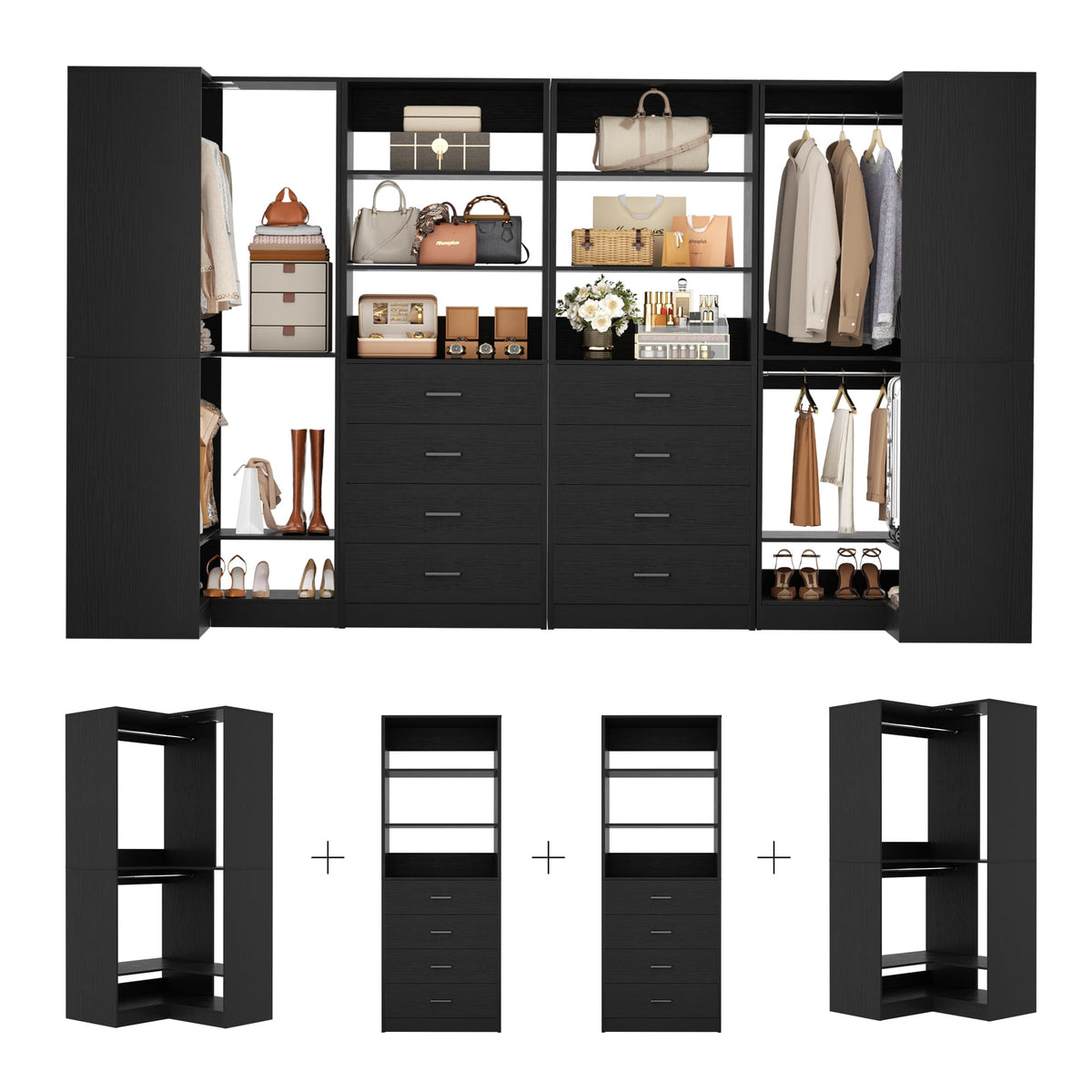 U-Shaped Closet Organizer System, 104'' Wide Wardrobe Closet with 8 Drawers, 4 Hanging Rods, and 13 Storage Shelves