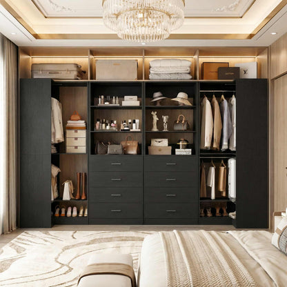 U-Shaped Closet Organizer System, 104'' Wide Wardrobe Closet with 8 Drawers, 4 Hanging Rods, and 13 Storage Shelves