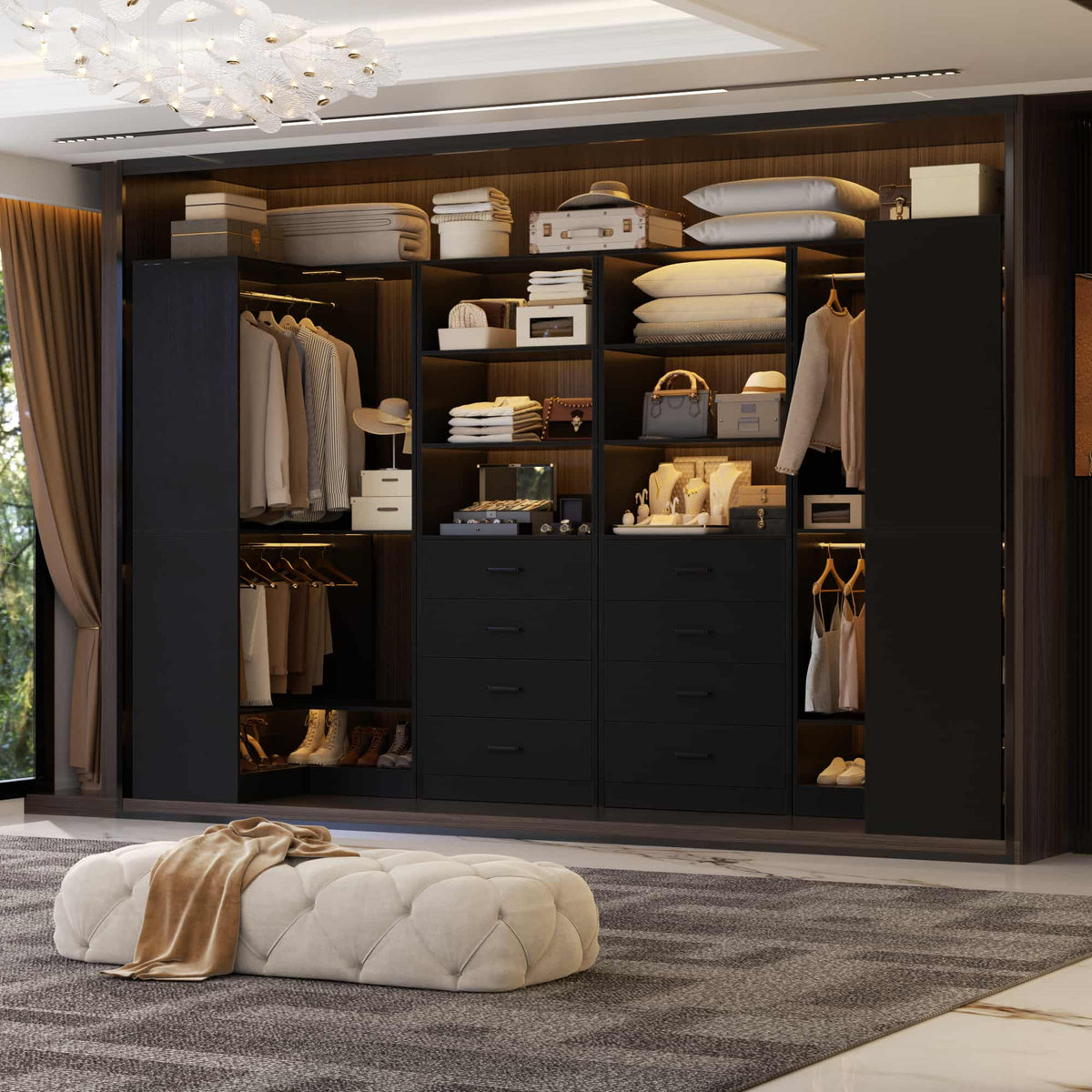 U-Shaped Closet Organizer System, 104'' Wide Wardrobe Closet with 8 Drawers, 4 Hanging Rods, and 13 Storage Shelves