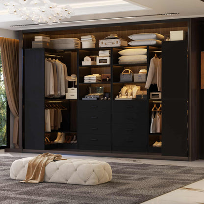 U-Shaped Closet Organizer System, 104'' Wide Wardrobe Closet with 8 Drawers, 4 Hanging Rods, and 13 Storage Shelves