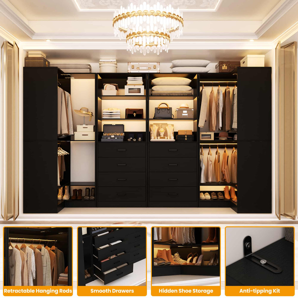 U-Shaped Closet Organizer System, 104'' Wide Wardrobe Closet with 8 Drawers, 4 Hanging Rods, and 13 Storage Shelves
