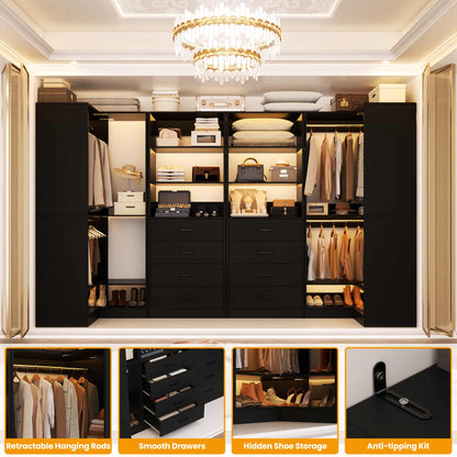 U-Shaped Closet Organizer System, 104'' Wide Wardrobe Closet with 8 Drawers, 4 Hanging Rods, and 13 Storage Shelves