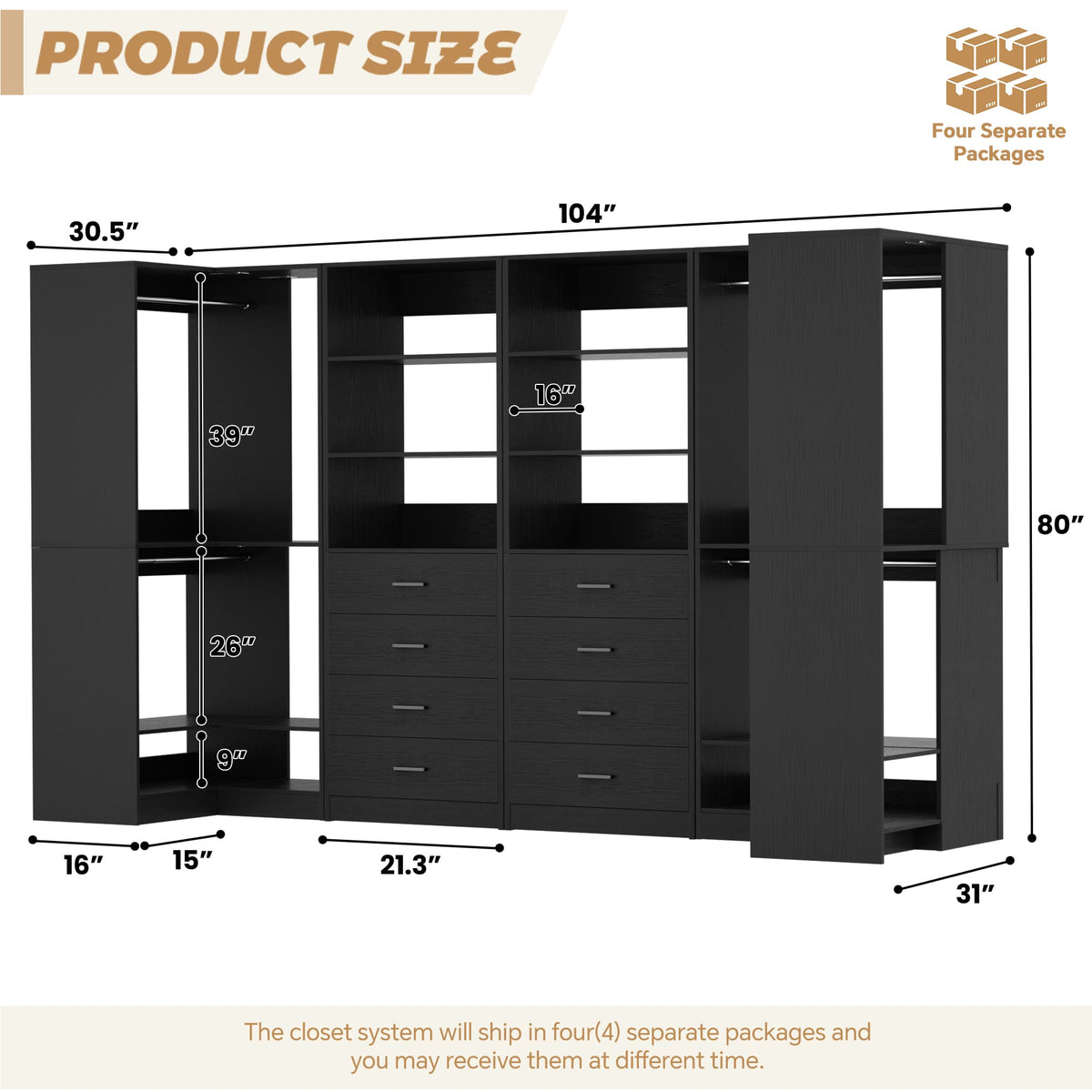U-Shaped Closet Organizer System, 104'' Wide Wardrobe Closet with 8 Drawers, 4 Hanging Rods, and 13 Storage Shelves