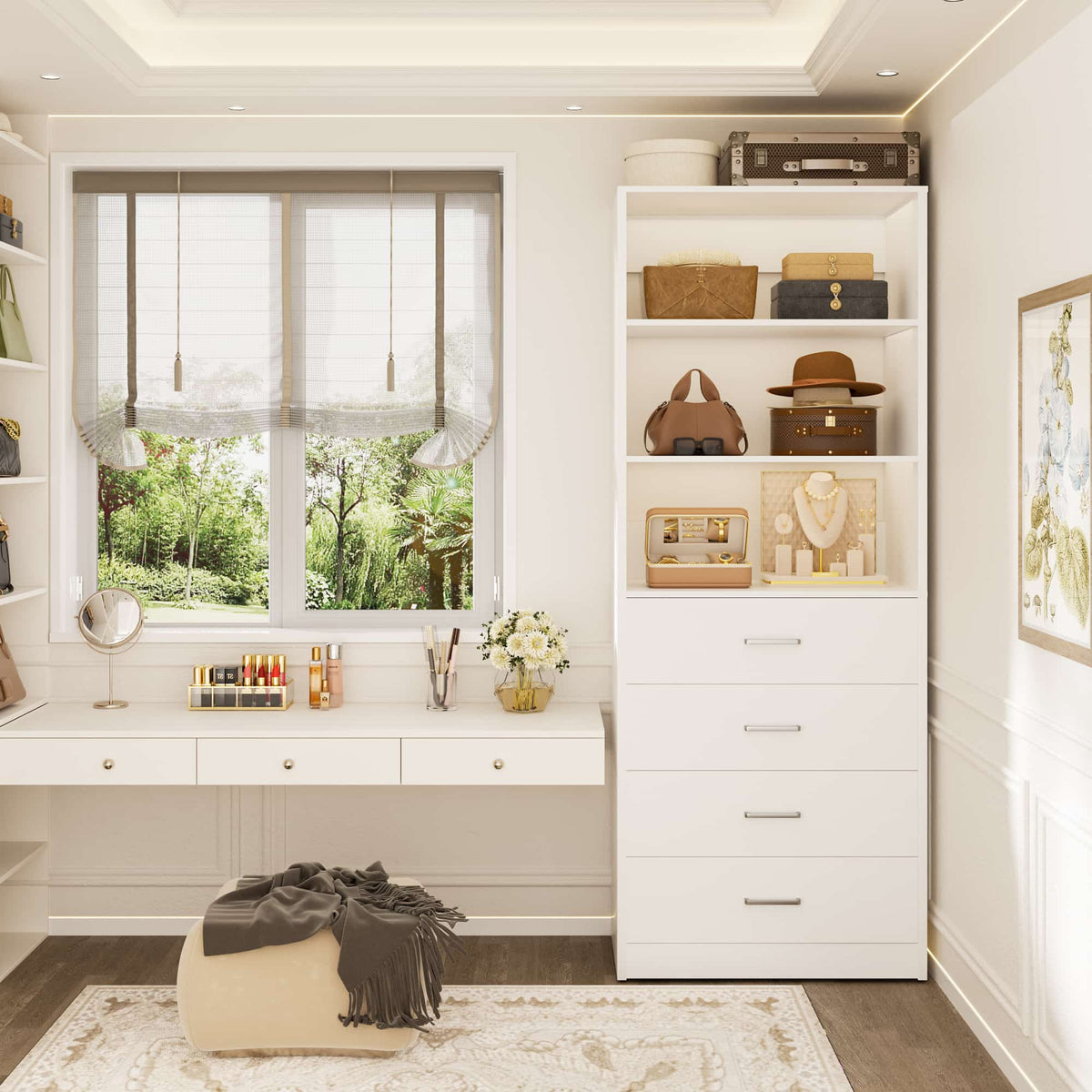 U-Shaped Closet Organizer System, 104'' Wide Wardrobe Closet with 8 Drawers, 4 Hanging Rods, and 13 Storage Shelves