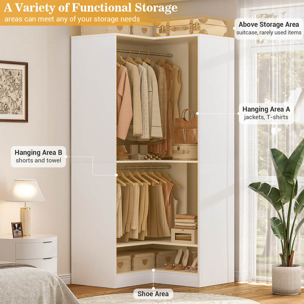 U-Shaped Closet Organizer System, 104'' Wide Wardrobe Closet with 8 Drawers, 4 Hanging Rods, and 13 Storage Shelves