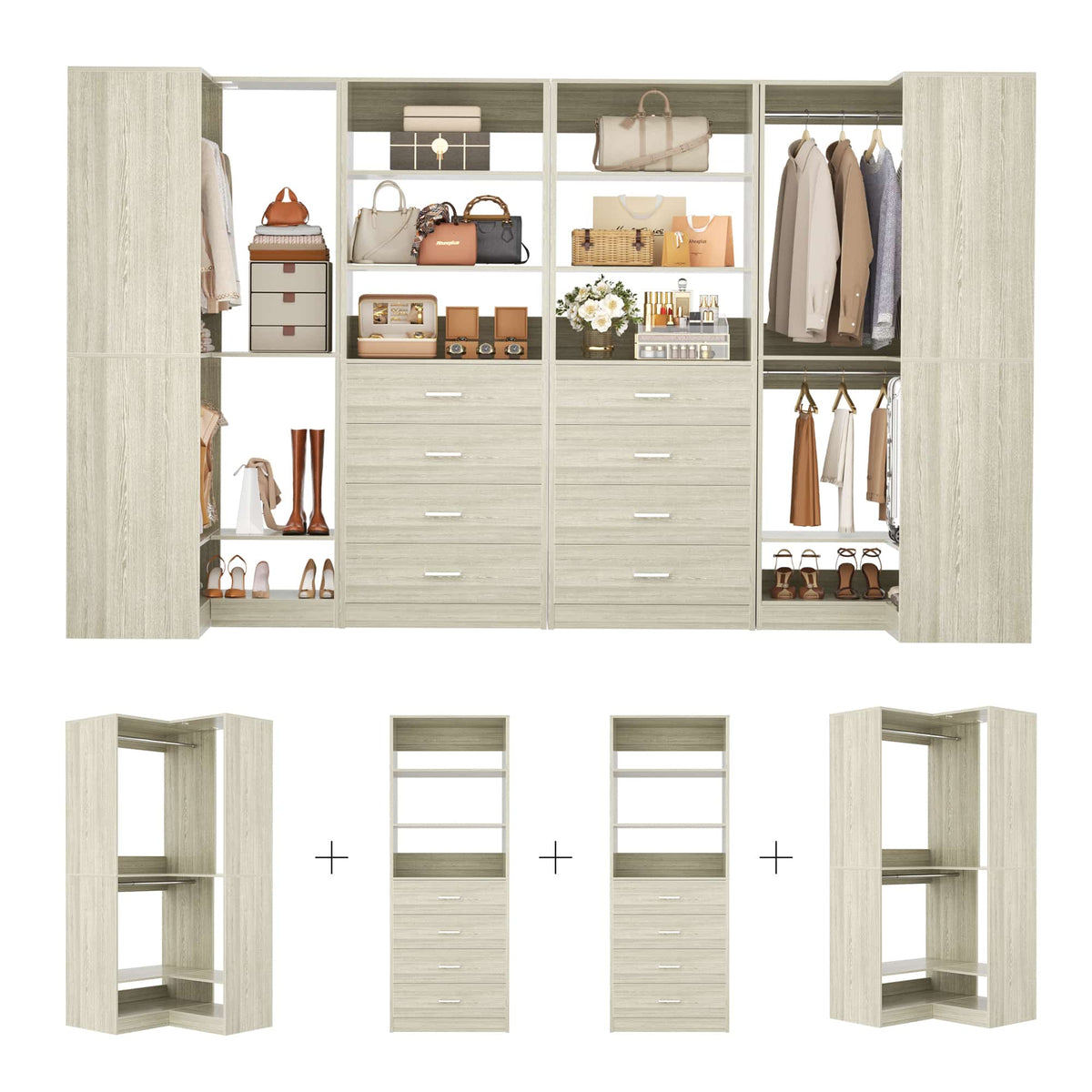 U-Shaped Closet Organizer System, 104'' Wide Wardrobe Closet with 8 Drawers, 4 Hanging Rods, and 13 Storage Shelves