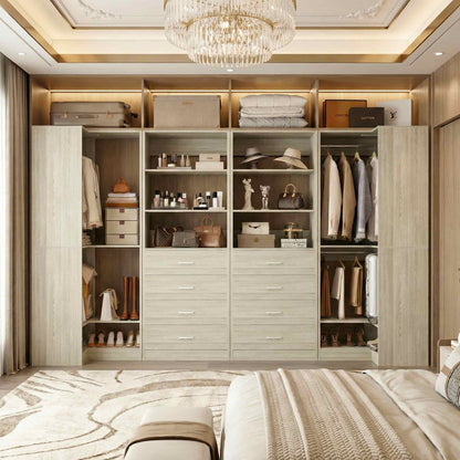 U-Shaped Closet Organizer System, 104'' Wide Wardrobe Closet with 8 Drawers, 4 Hanging Rods, and 13 Storage Shelves
