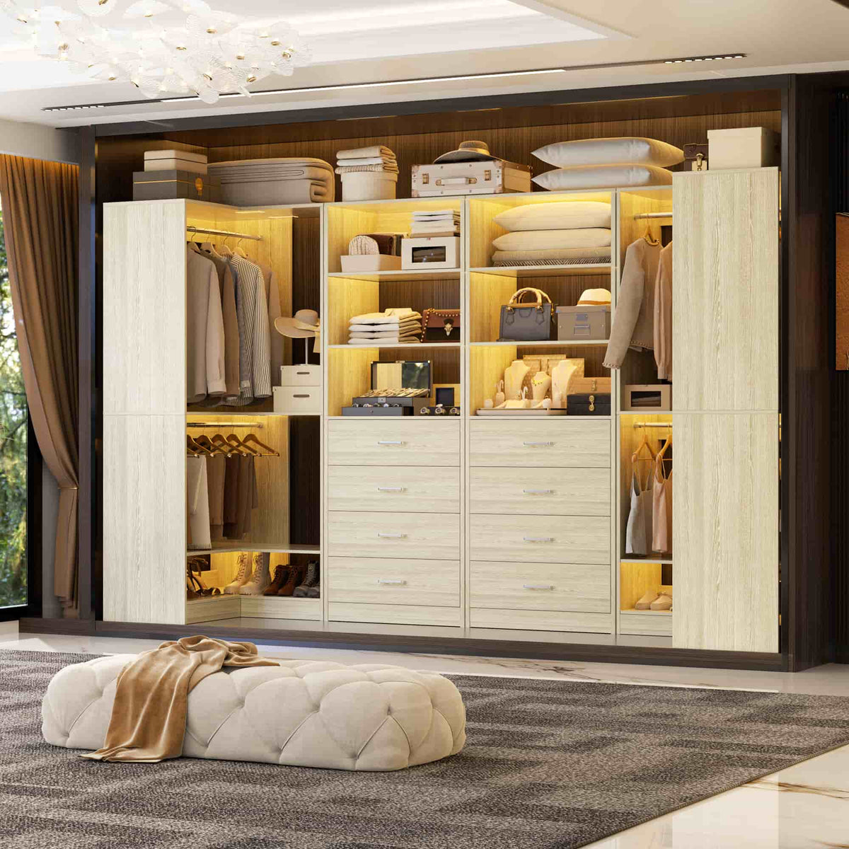 U-Shaped Closet Organizer System, 104'' Wide Wardrobe Closet with 8 Drawers, 4 Hanging Rods, and 13 Storage Shelves
