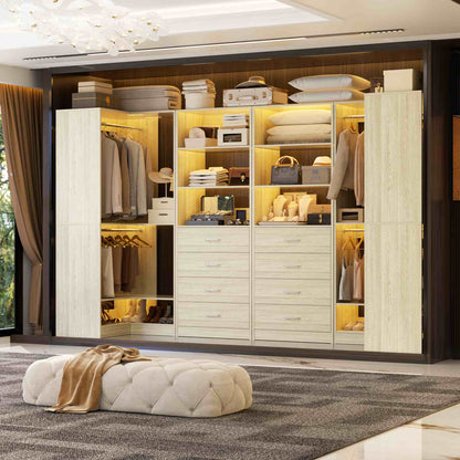 U-Shaped Closet Organizer System, 104'' Wide Wardrobe Closet with 8 Drawers, 4 Hanging Rods, and 13 Storage Shelves