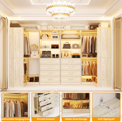 U-Shaped Closet Organizer System, 104'' Wide Wardrobe Closet with 8 Drawers, 4 Hanging Rods, and 13 Storage Shelves
