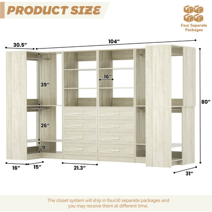 U-Shaped Closet Organizer System, 104'' Wide Wardrobe Closet with 8 Drawers, 4 Hanging Rods, and 13 Storage Shelves