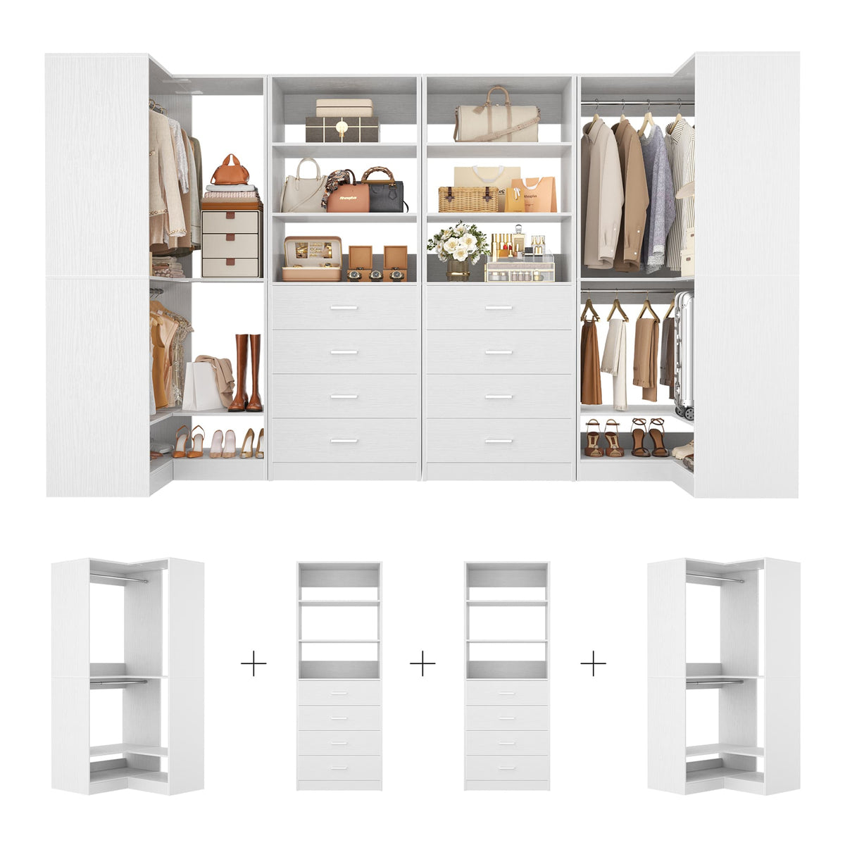 U-Shaped Closet Organizer System, 104'' Wide Wardrobe Closet with 8 Drawers, 4 Hanging Rods, and 13 Storage Shelves